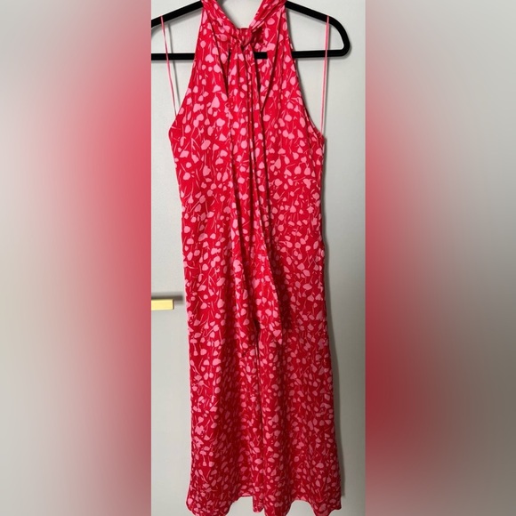 Zara Red Floral Satin Effect Halter Neck Tie Back midi dress - Picture 4 of 11